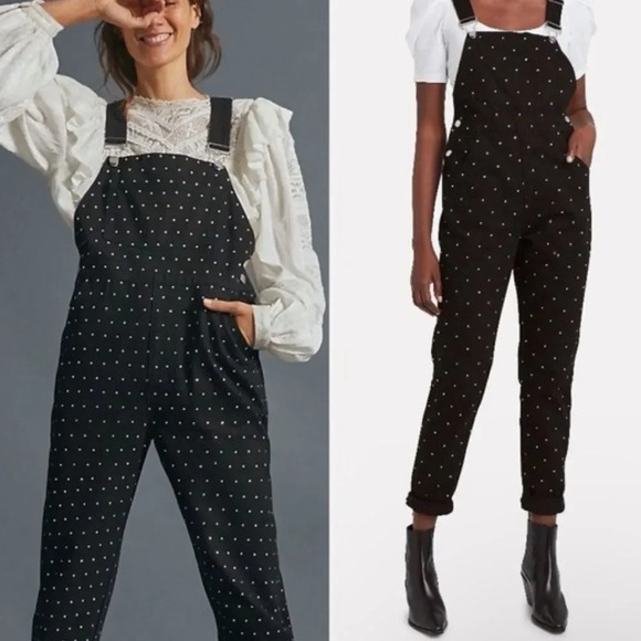 WeWoreWhat Pants - NWT WeWoreWhat Dot Print Denim Virginia Rhinestone Overalls In Black Sz XS